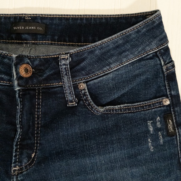 Silver Jeans Womens 32 W Boyfriend Dark Wash Distressed Cuffed Denim on Denim - Picture 3 of 10